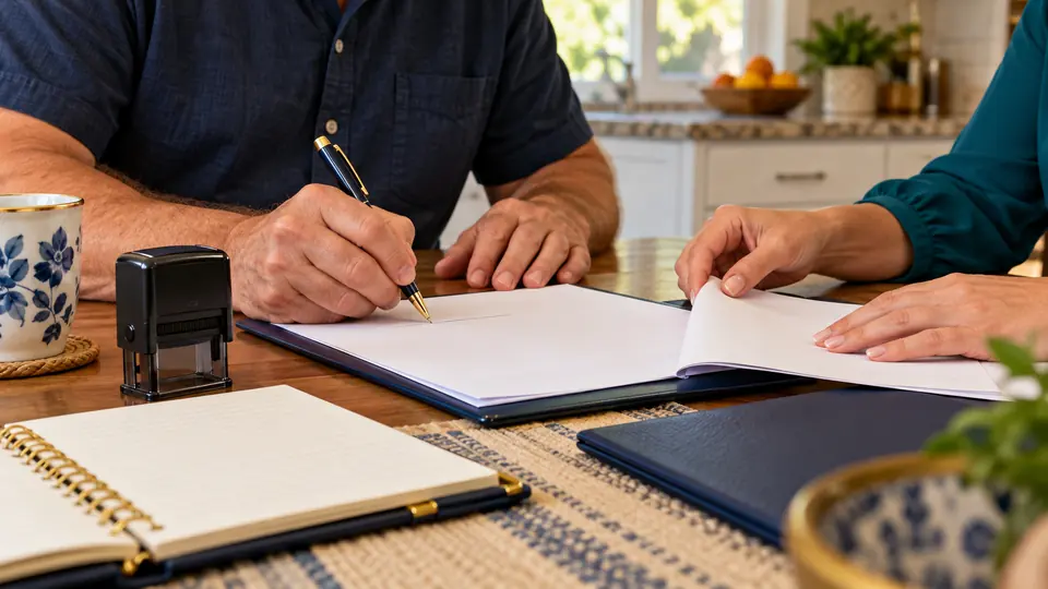A client signing documents with mobile notary Iris Valentin at his Clearwater kitchen table